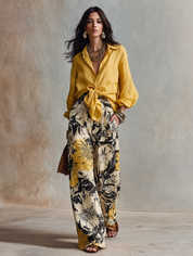 Floral Print Wide-Leg Pants With Tie-Front Linen Shirt Set