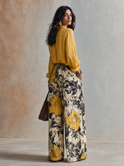 Floral Print Wide-Leg Pants With Tie-Front Linen Shirt Set