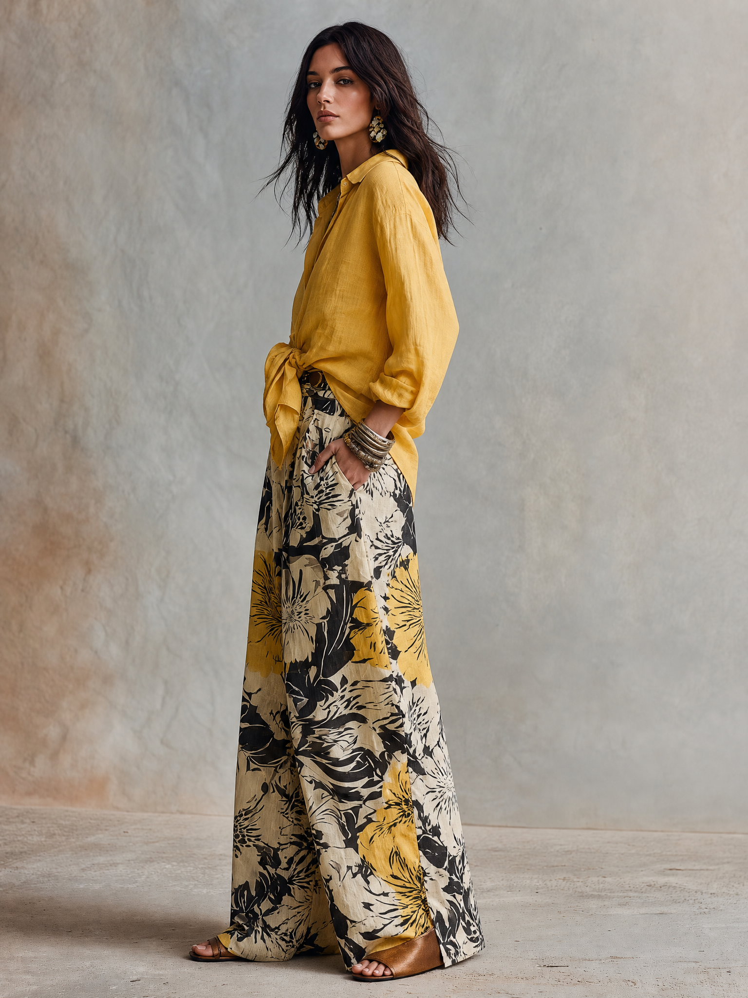 Floral Print Wide-Leg Pants With Tie-Front Linen Shirt Set