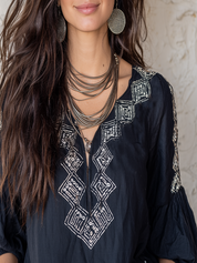Bohemian Style Navy Blue Embroidered Shirt