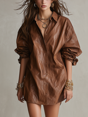 Bohemian Brown Faux Leather Mini Shirt Dress
