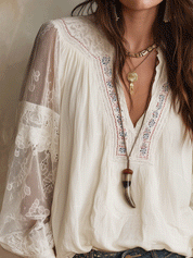 Romantic Vintage Sheer Cotton Lace-Paneled Balloon-Sleeve Cream Blouse
