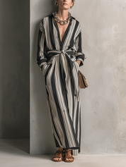 Urban Boho Vertical Stripe Belted Maxi Dress