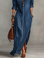 Relaxed Chic Washed-Denim Deep-V Pocket Long-Sleeve Indigo Maxi Dress