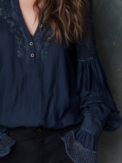 Refined Navy Lace Sleeve Blouse