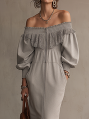 Soft Light Grey Off-Shoulder Ruffle Midi Dress