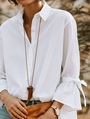 Effortless Chic Cotton Bell-Sleeve Tie-Cuff High-Low White Shirt