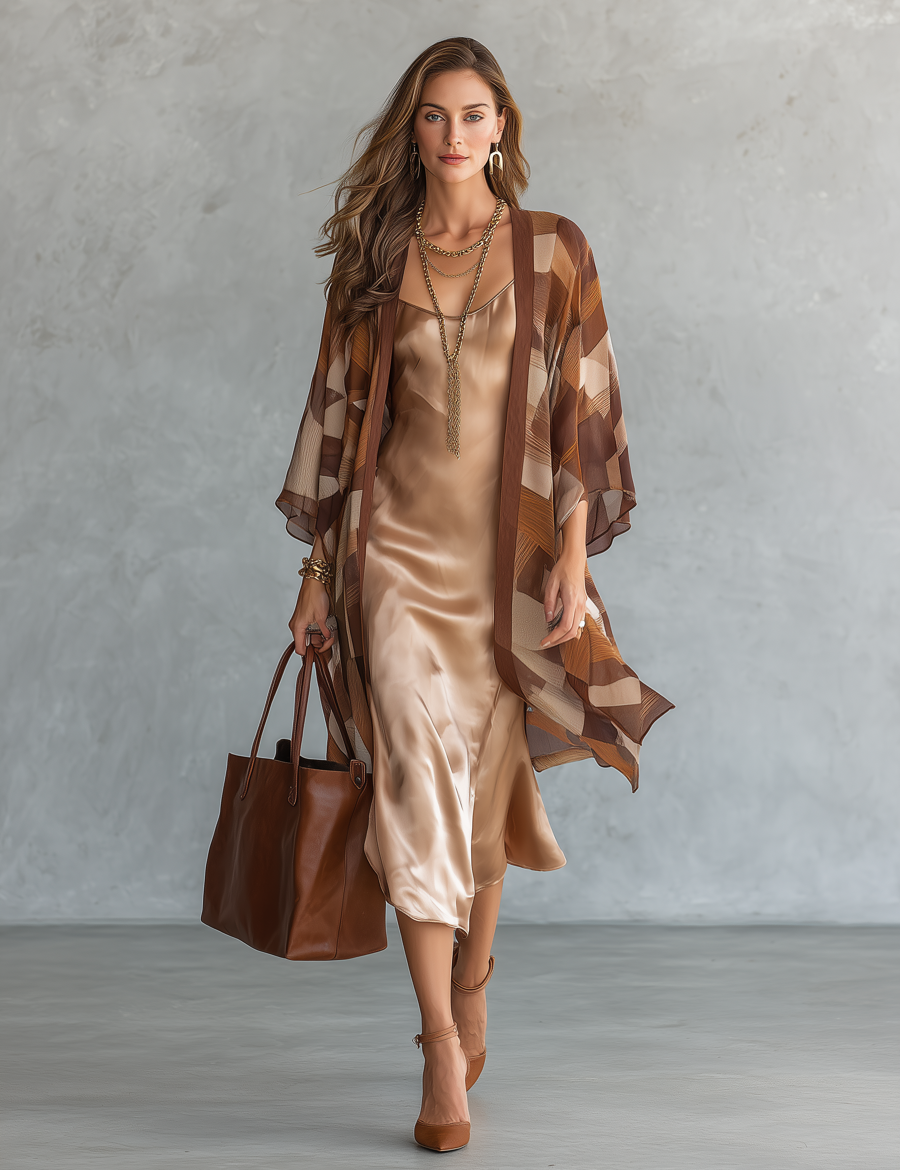 Geometric Print Kimono Cardigan with Satin Slip Dress Two-Piece Set