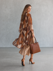 Geometric Print Kimono Cardigan with Satin Slip Dress Two-Piece Set
