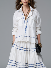 Bohemian Style Cotton And Linen White Midi Skirt Suit