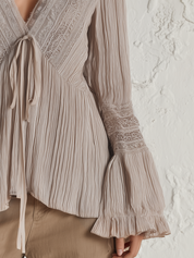 Delicate Beige Pleated Tie-Front Blouse