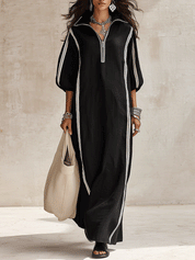 Women's Zip Collar Contrast Striped Long Sleeve Maxi Dress