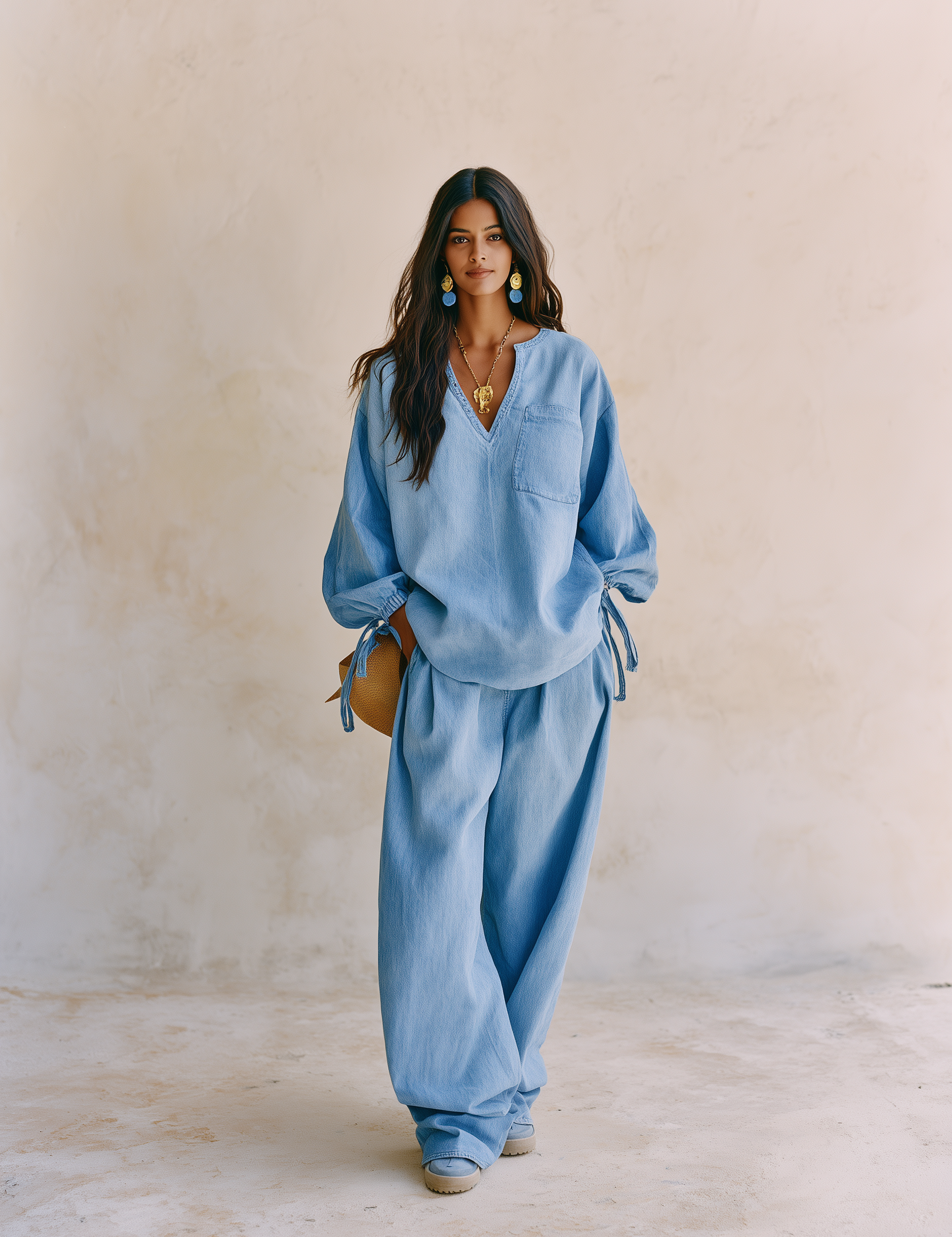 Women's Denim Two-Piece Set - V-Neck Tie-Sleeve Top & Wide Leg Pants