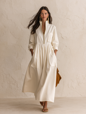 Women's Half-Zip Stand Collar Long Sleeve Pockets Maxi Dress