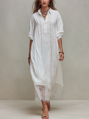 Romantic White Lace Trim Button Down Shirt Dress