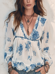 Bohemian Blue Floral Print Lace Trim Blouse