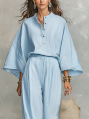 Bohemian Style Linen Wide Sleeved Top And Pants Set