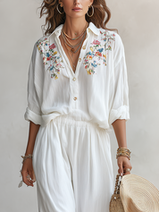Bohemian Floral Embroidered Shirt And Trouser Suit