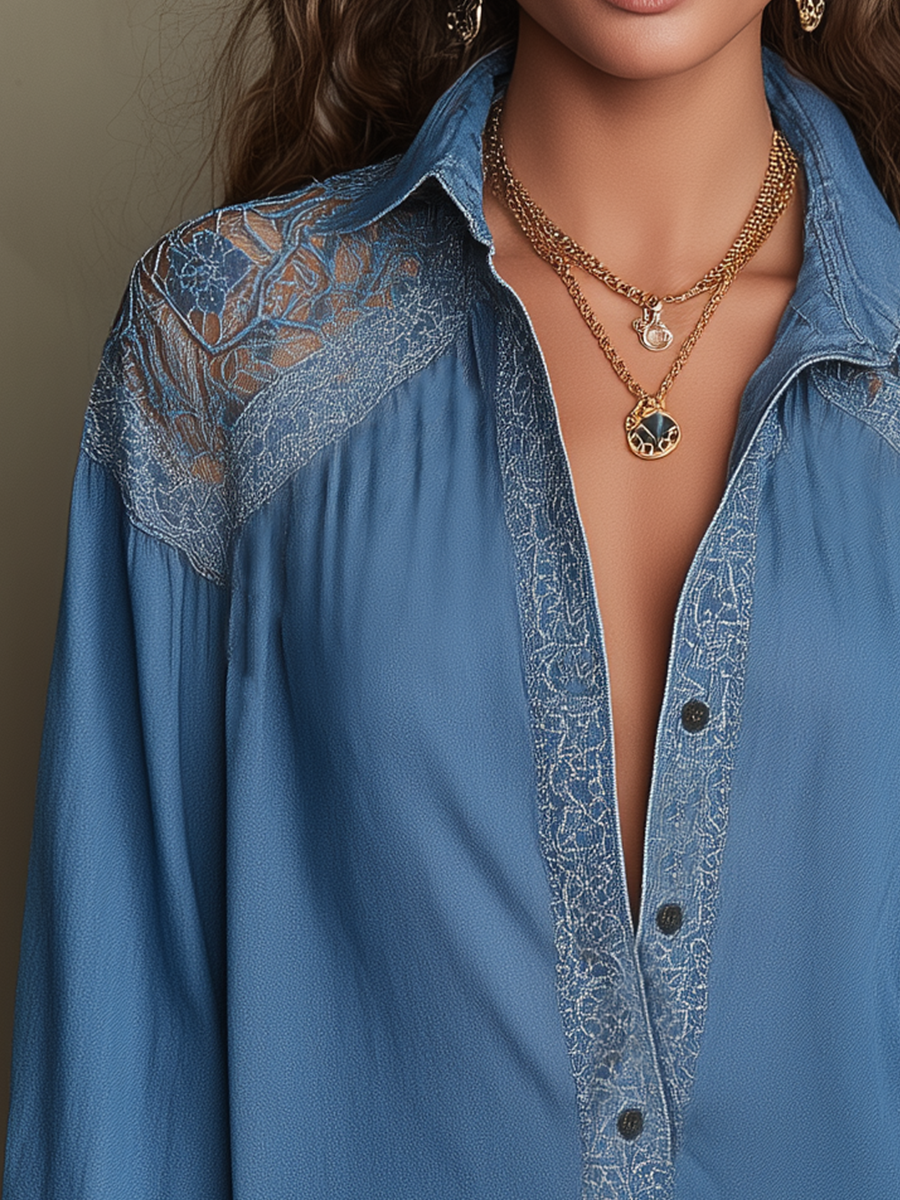 Elegant Blue Lace Yoke Shirt Dress