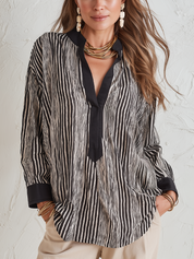 Refined Black Striped Split-Neck Blouse