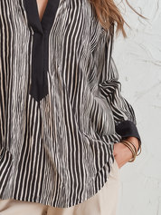 Refined Black Striped Split-Neck Blouse