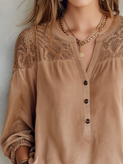 Refined Khaki Lace Yoke Blouse