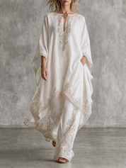 Resort Luxe Embroidered Kaftan Top & Wide Leg Pants Set