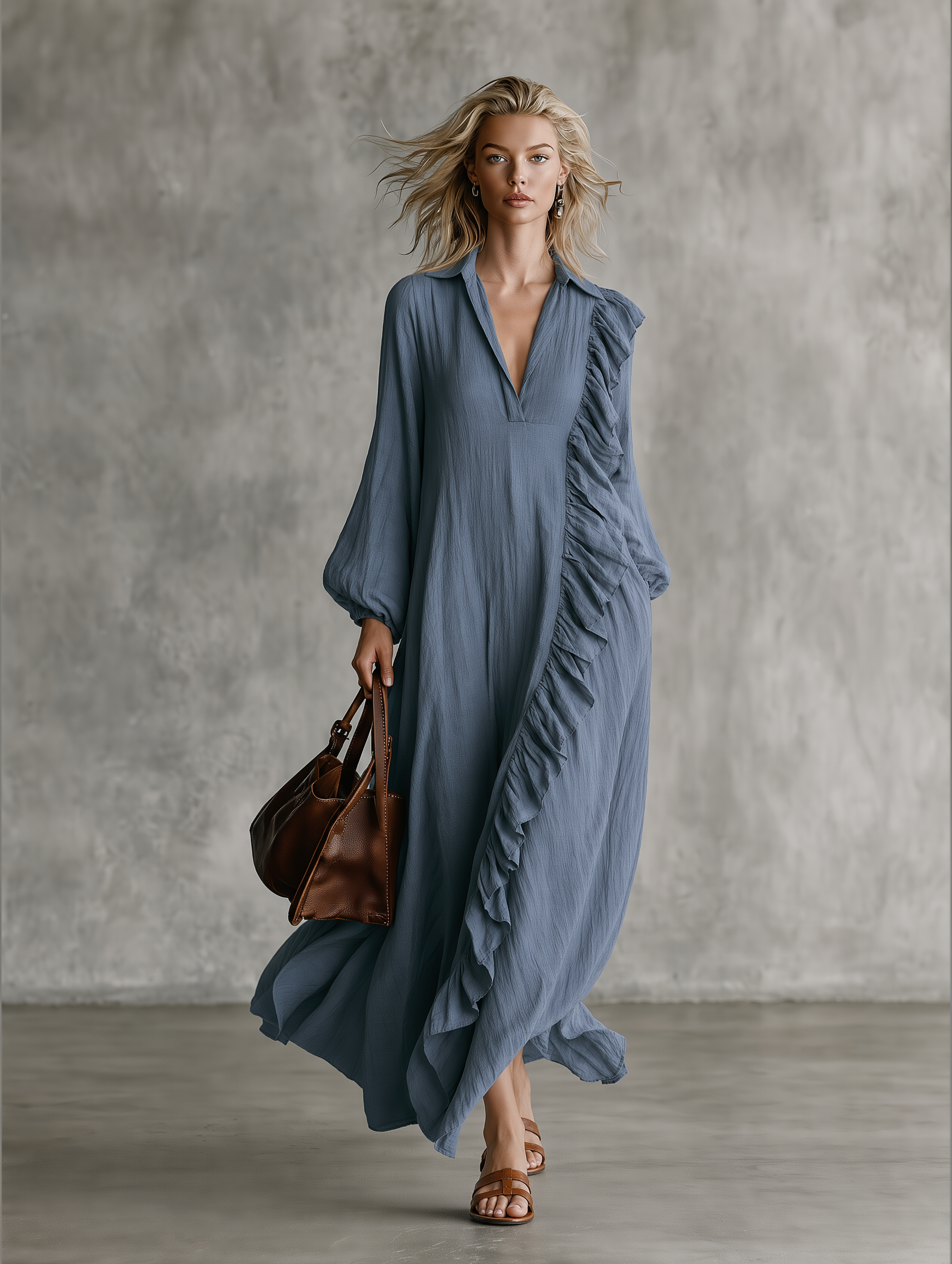 Ruffle Trim V-Neck Long Sleeve Maxi Dress