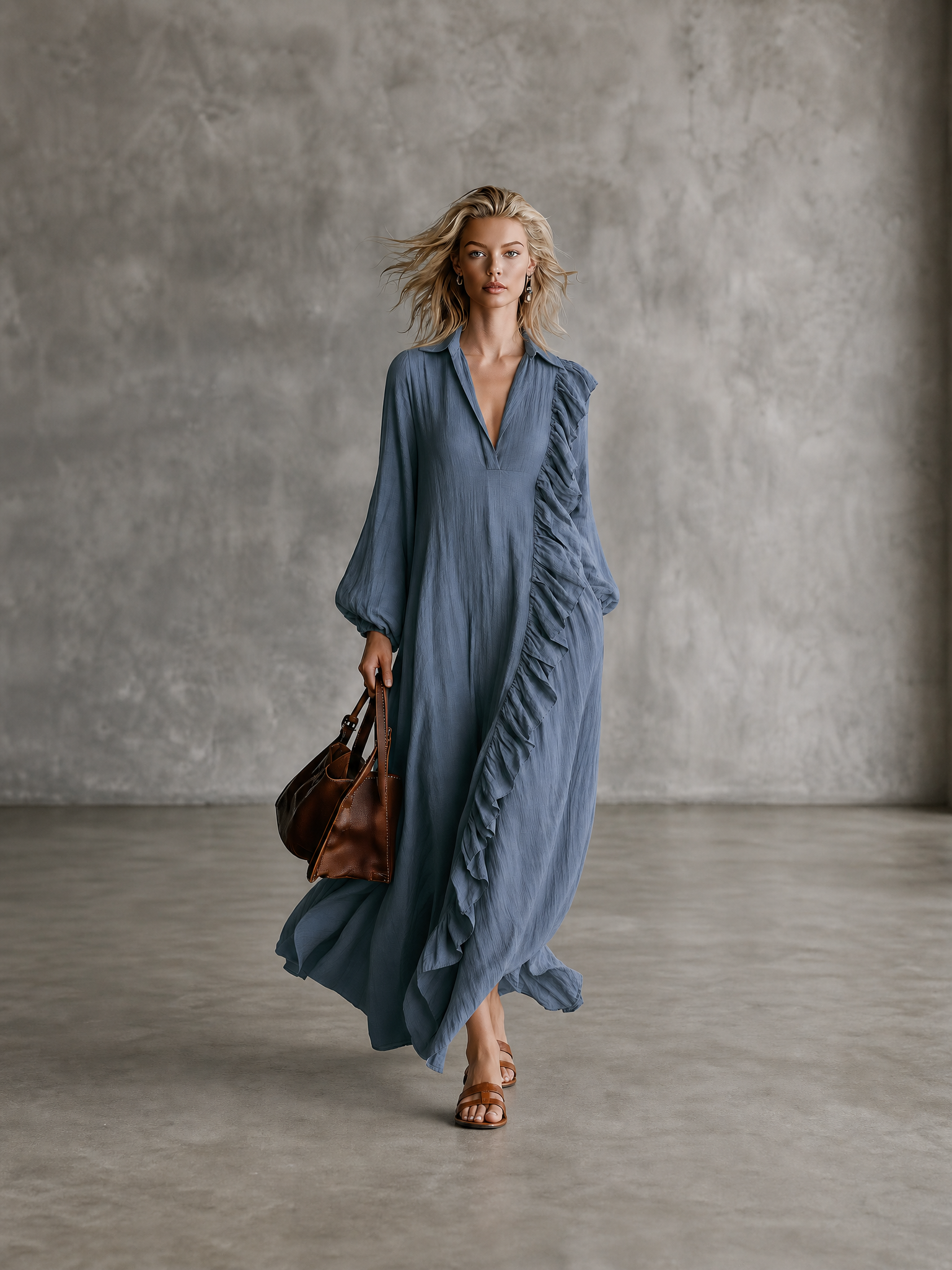 Ruffle Trim V-Neck Long Sleeve Maxi Dress