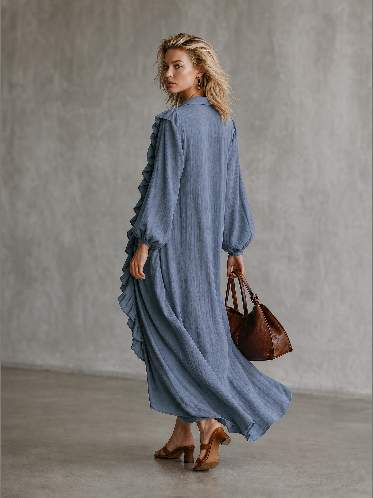Ruffle Trim V-Neck Long Sleeve Maxi Dress