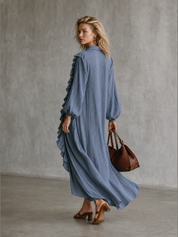 Ruffle Trim V-Neck Long Sleeve Maxi Dress