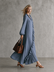 Ruffle Trim V-Neck Long Sleeve Maxi Dress