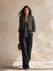 Effortless Glam Satin Polka-Dot Bow-Front Long-Sleeve Black Blouse
