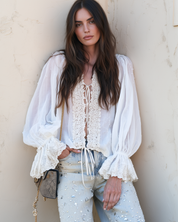 Romantic Boho Cotton-Gauze Crochet-Lace Tie-Front White Peasant Blouse
