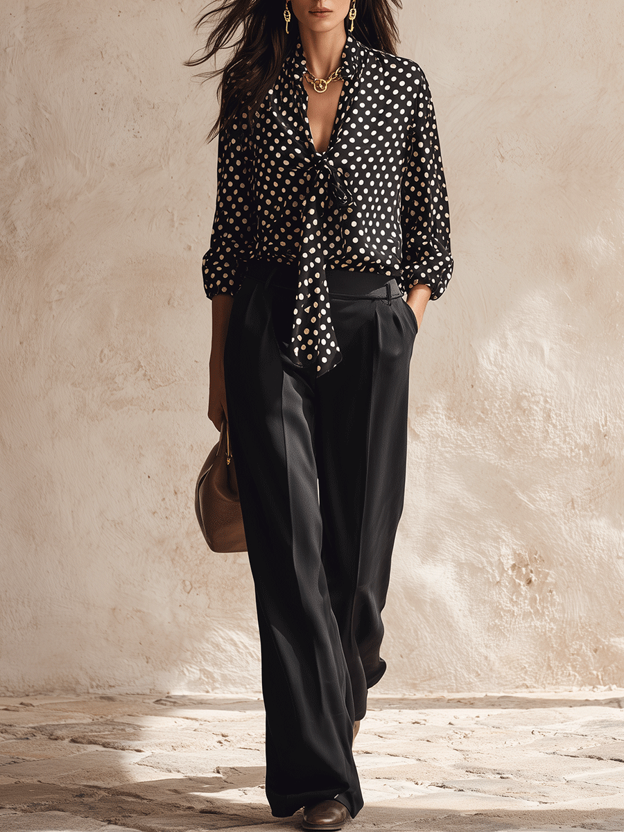 Effortless Glam Satin Polka-Dot Bow-Front Long-Sleeve Black Blouse
