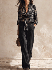 Effortless Glam Satin Polka-Dot Bow-Front Long-Sleeve Black Blouse
