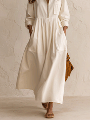 Women's Half-Zip Stand Collar Long Sleeve Pockets Maxi Dress