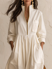 Women's Half-Zip Stand Collar Long Sleeve Pockets Maxi Dress
