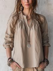 Bohemian Beige Linen Ruffled Collar Top