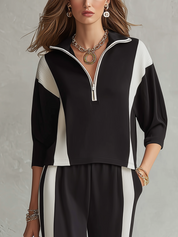 Modern Black Color Block Half-Zip Lounge Set