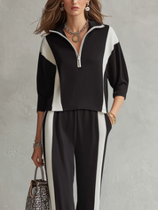 Modern Black Color Block Half-Zip Lounge Set