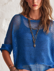 Lazy Royal Blue Openwork Knit Sweater