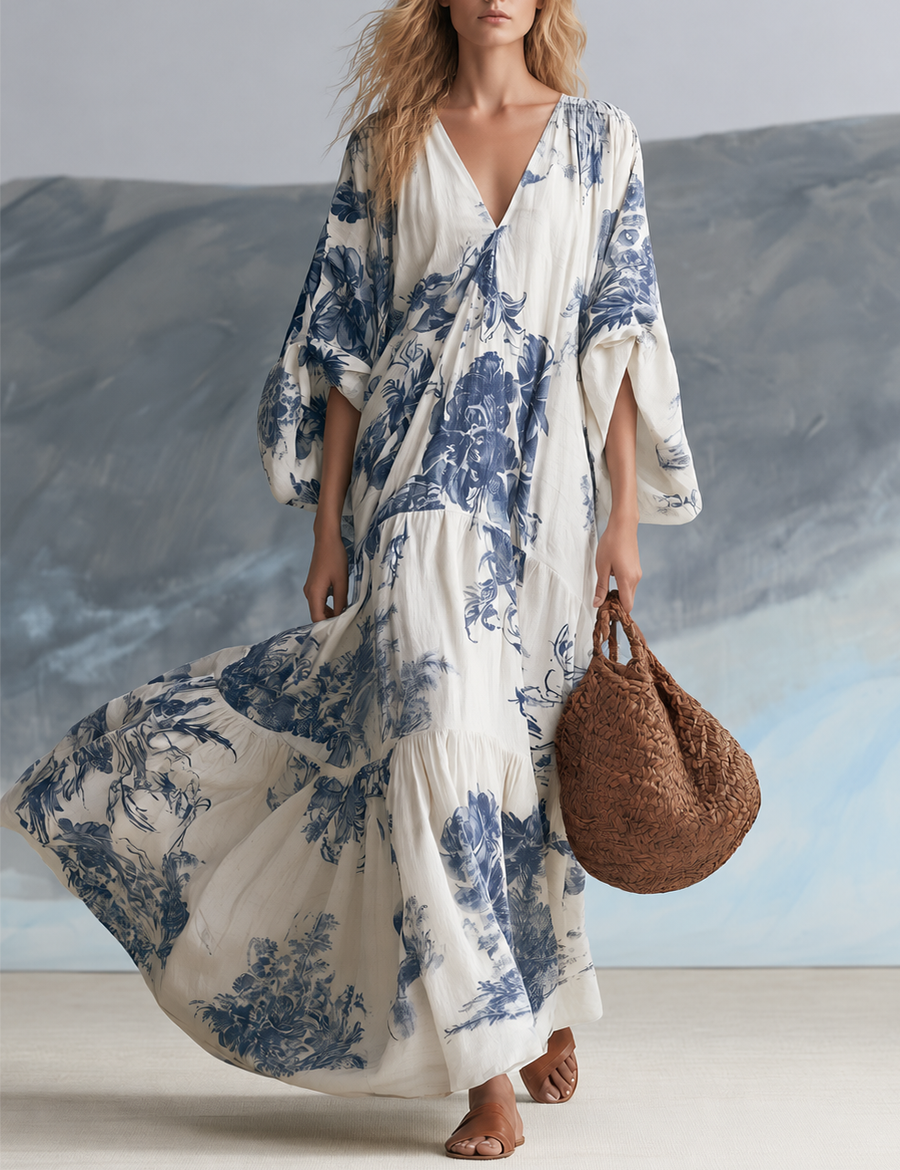 Coastal Bohemian Blue Floral Kaftan Maxi Dress