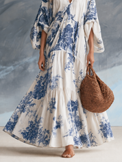 Coastal Bohemian Blue Floral Kaftan Maxi Dress