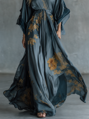 Elegant Evening Teal Floral Tie-Waist Gown Dress
