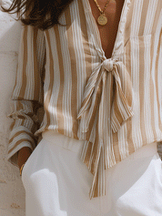 Women's Striped Tie-Neck Long Sleeve Blouse