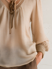 Elegant Oatmeal Tie-Neck Textured Blouse