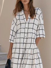 Windowpane Check Print Button-Front Maxi Shirt Dress with Half Sleeves