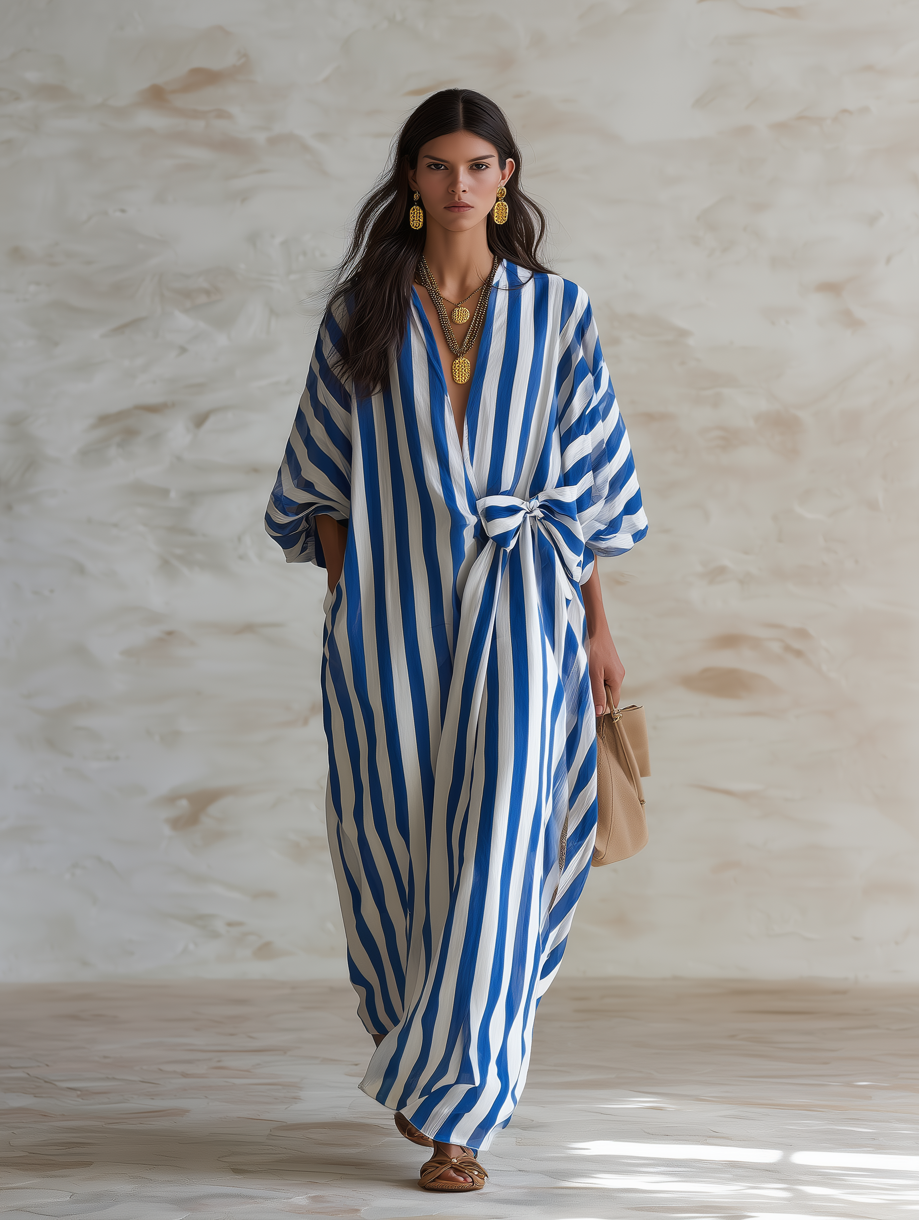 Chic Cotton Striped Wrap-Tie Loose Blue & White Kaftan Maxi Dress