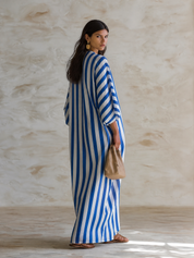 Chic Cotton Striped Wrap-Tie Loose Blue & White Kaftan Maxi Dress